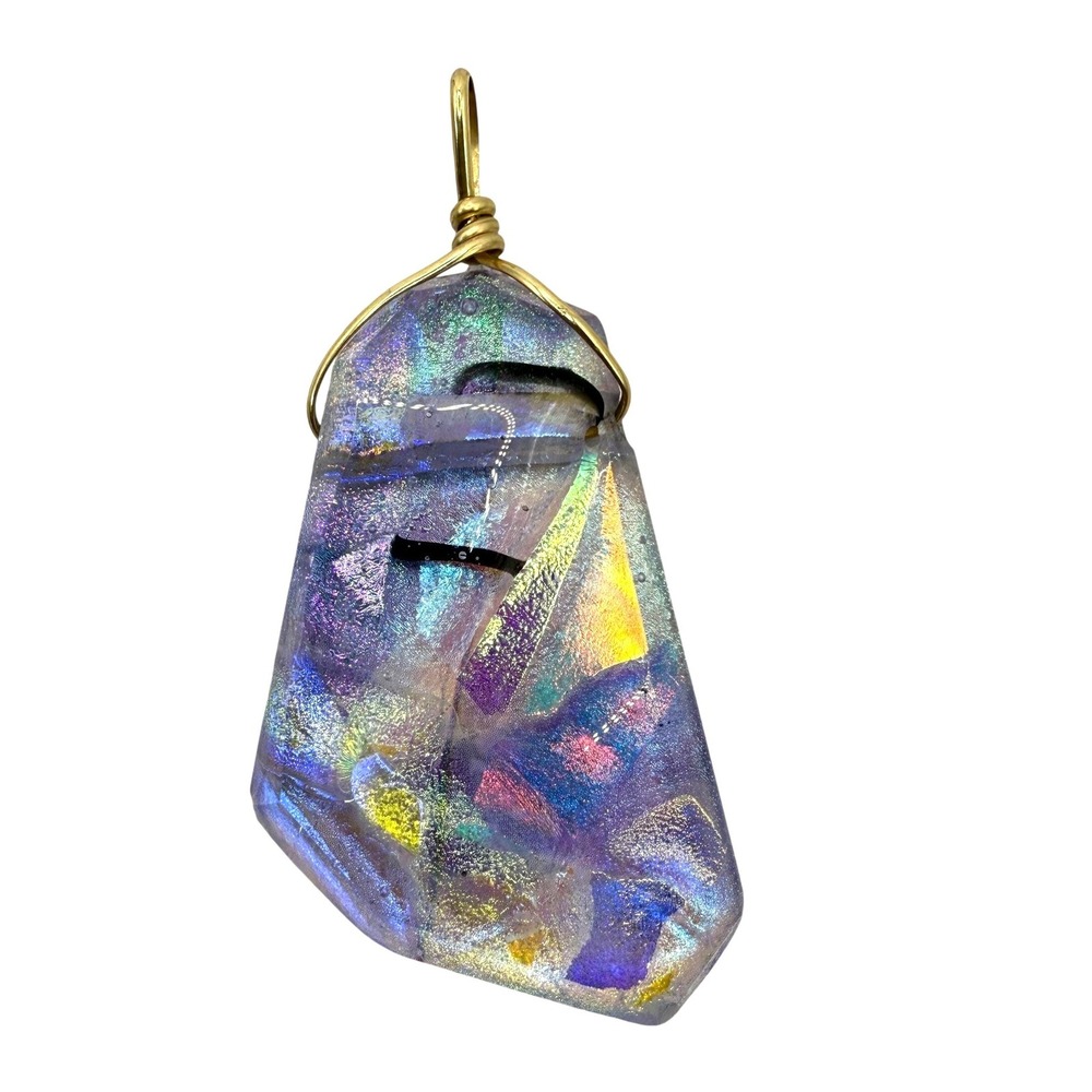 Iridescent Art Glass‎ Pendant Wire Wrapped Dichroic Style Rainbow Shimmer Chunky